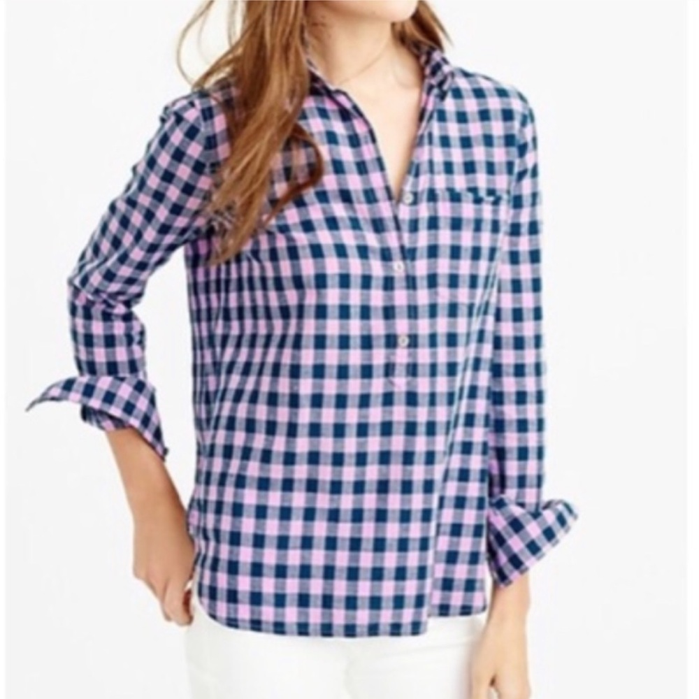 J.Crew blue and lilac gingham popover top